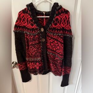 Free People Nordic Patterned Wool Hooded Cardigan Sweater Medium